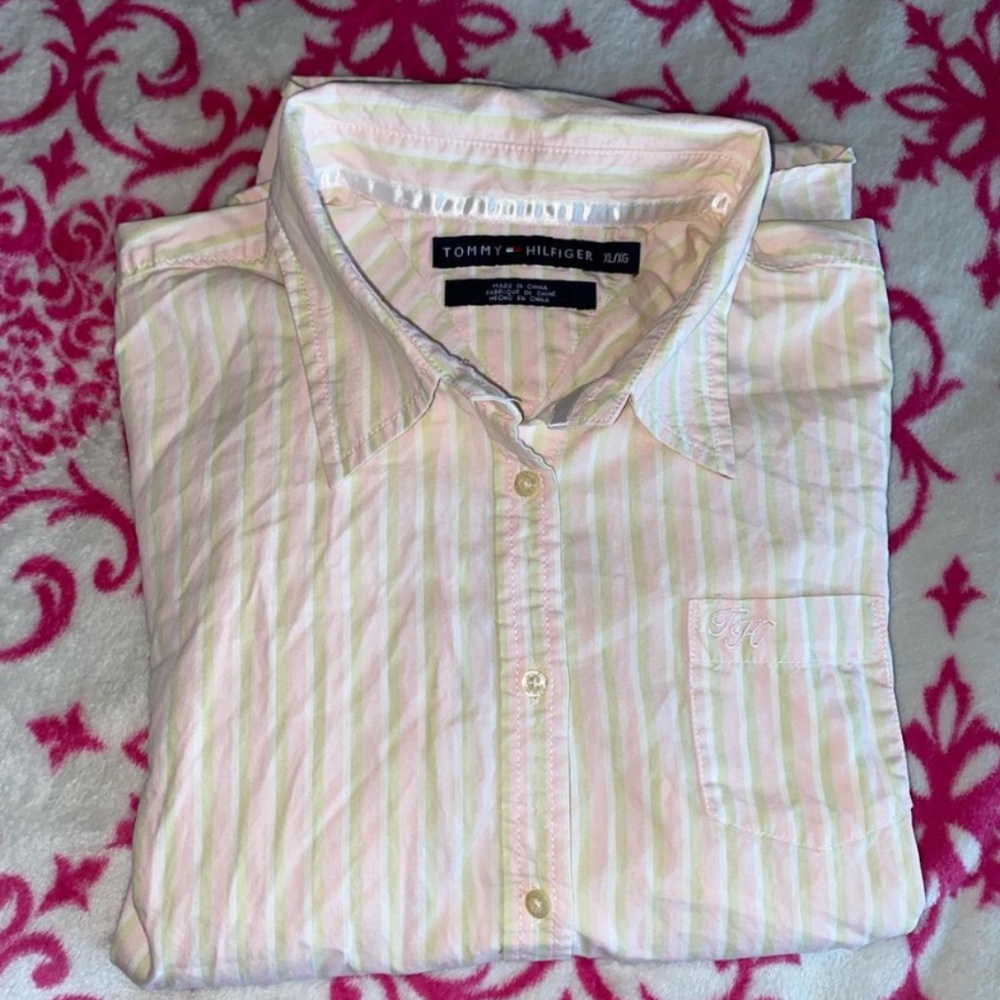 2007 Tommy Hilfiger Pink & Green & White Button Up 💗💚